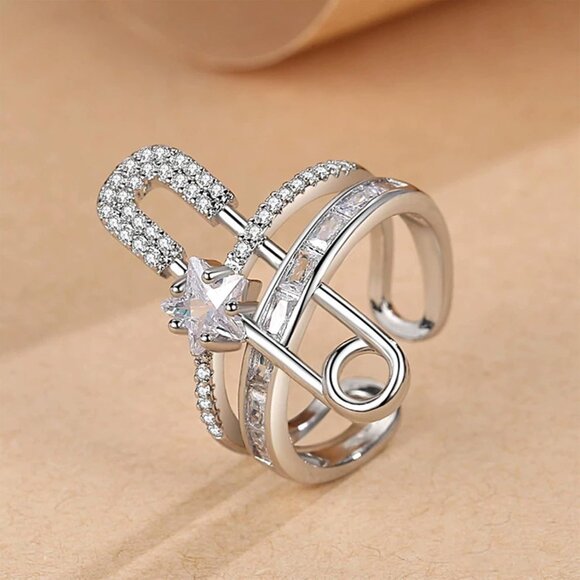 Silver Safety Pin Non Piercing Rhinestone Star Clip on Earring Cartilage Jewelry - Picture 5 of 9